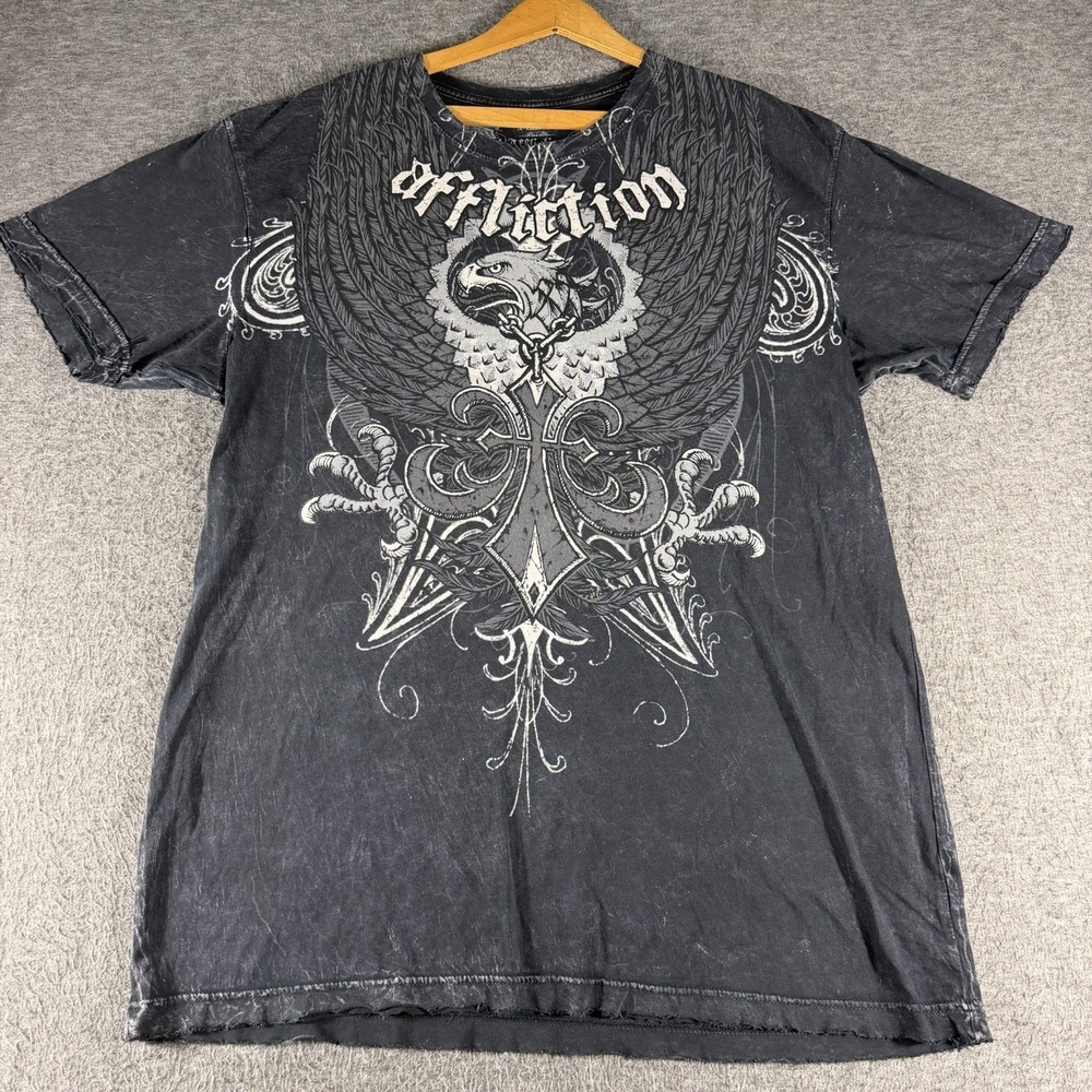 Affliction Graphic Crew Neck Shirt Mens XL Black Crew Neck Distressed Grunge